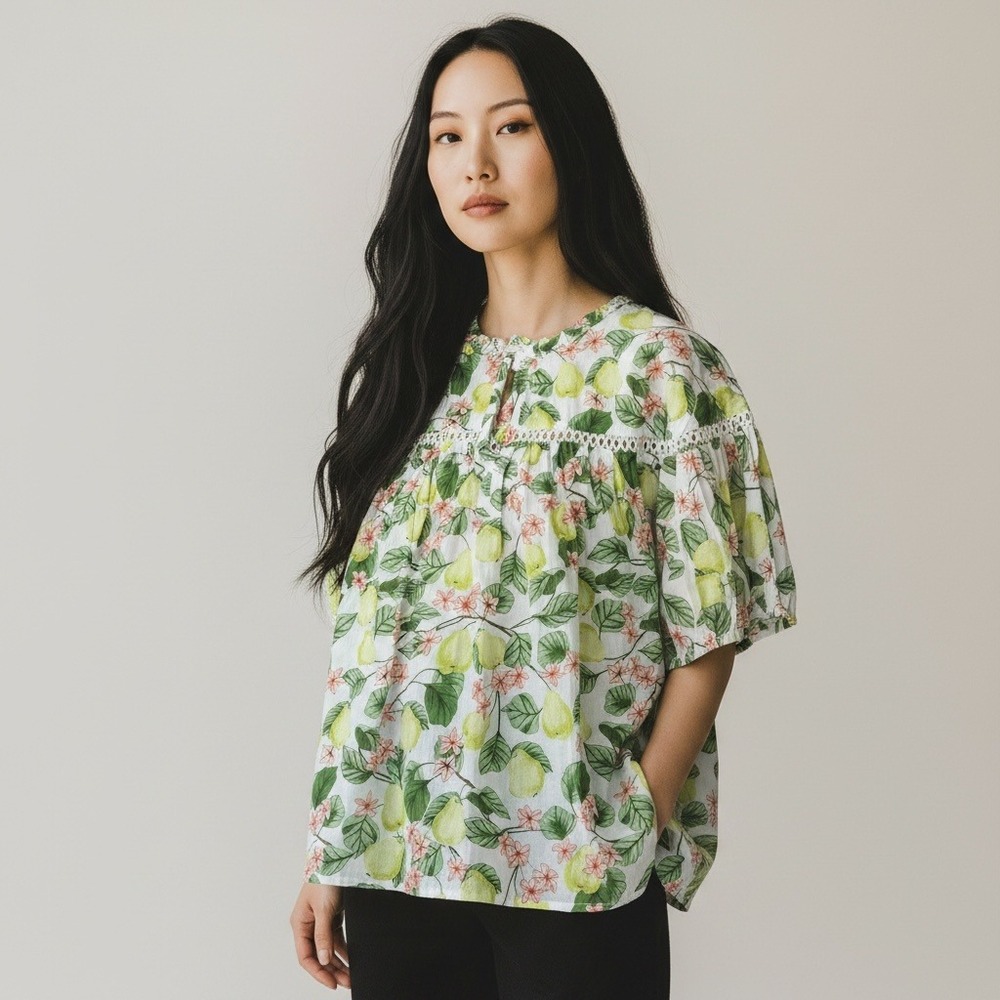 LOFT Blouse L White Green Pear Fruit Print Lace Trim Cottagecore Garden Coastal